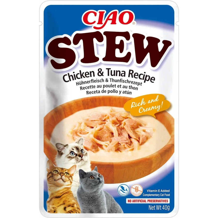 INABA Ciao Stew, Chicken and Tuna, sachet grain-free wet cat food, (in sauce), 40g