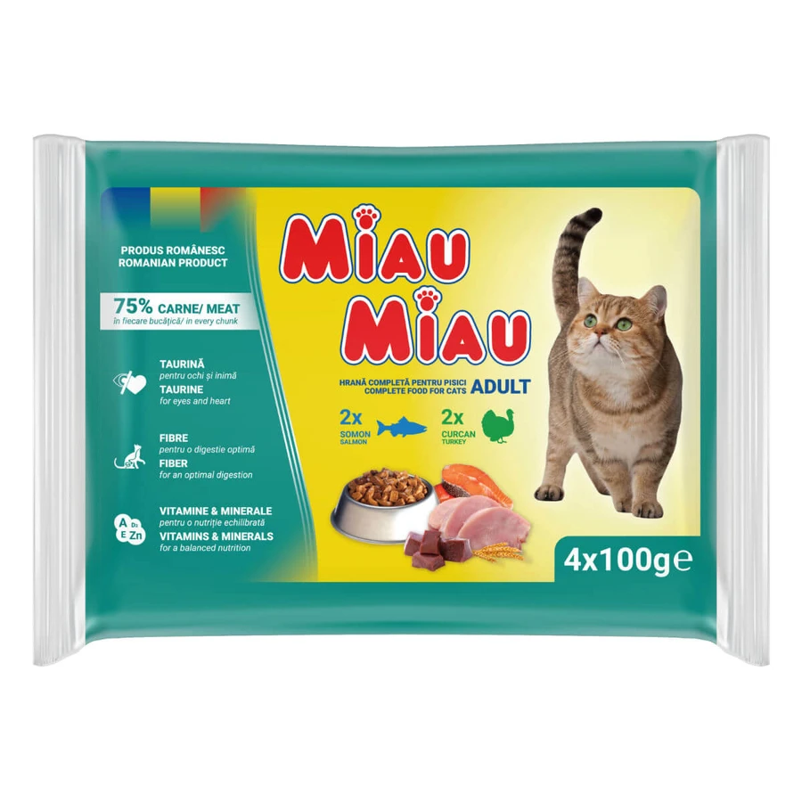 MIAU MIAU Mixed, Turkey and Salmon, sachet moist cat food, (in sauce), multipack, 100g x 4pcs