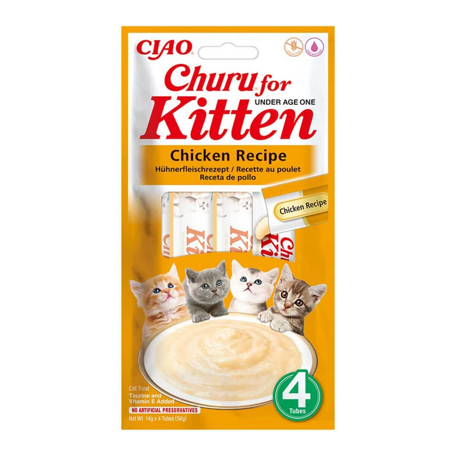 INABA Churu Kitten, Kip, zakje, tube, graanvrije beloningen junior katten, (puree), 56g