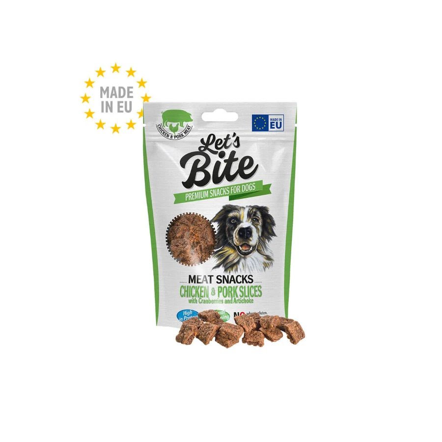 BRIT Let's Bite Meat Snacks Pollo y Cerdo Lonchas, XS-XL, Pollo y Cerdo, sin cereales, bolsa de recompensa, perros, 80g