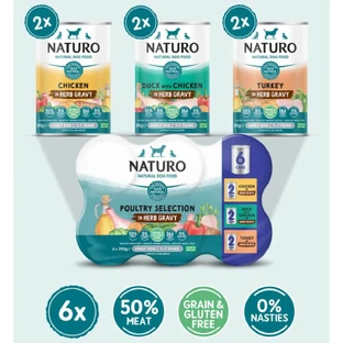 NATURO Variety Pack Chicken, XS-XL, Duck and Turkey, canned grain-free wet food for dogs, (in gravy), multipack, 390g x 6pcs