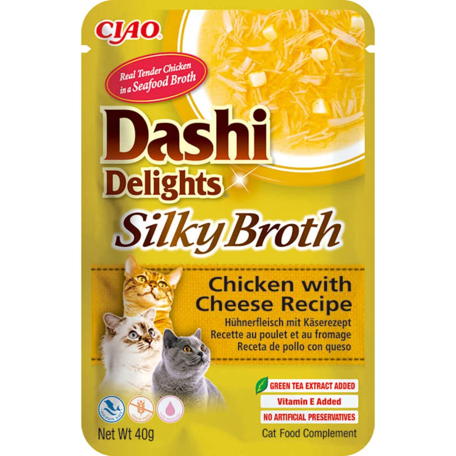 INABA Churu Dashi Delicias Caldo Sedoso, Pollo y Queso, sobre de comida húmeda para gatos, sin cereales, (topping), 40g