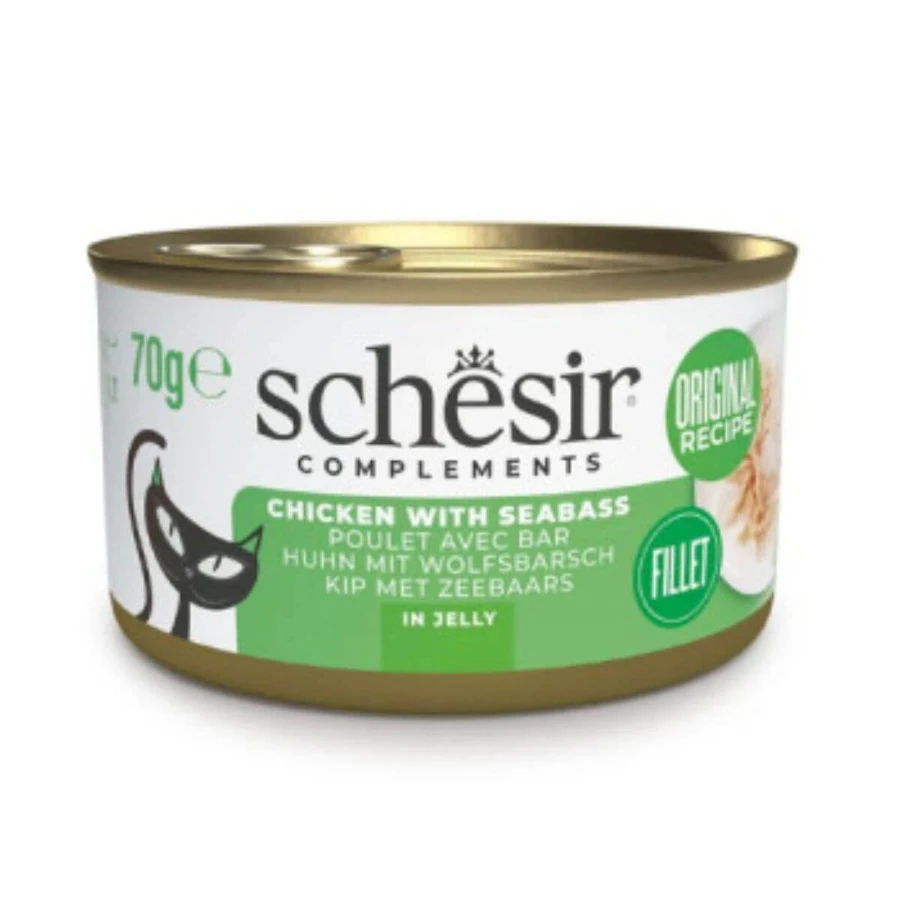 SCHESIR Complementary In Gelei, Kip en Bas, nat kattenvoer in blik, (in aspic), 70g