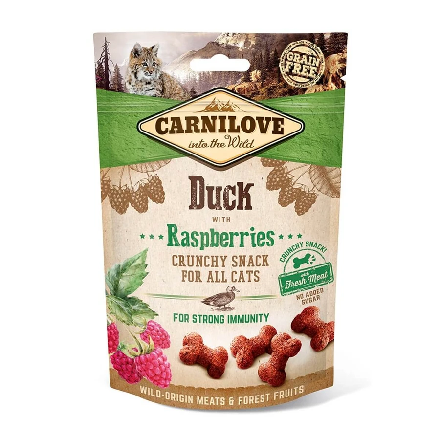 CARNILOVE Crunchy Snack, Pato con Frambuesa, recompensas funcionales gatos sin cereales, inmunidad, 50g