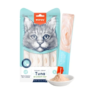 WANPY Creamy Treat, Atún y Bacalao, bolsa de recompensa para gatos, (puré), 70g