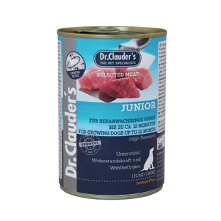 DR. CLAUDER'S Selected Meat Junior, XS-XL, Rund en Gevogelte, graanvrij natvoer in blik voor jonge honden, (op eigen sap), 400g