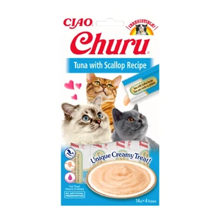 INABA CIAO Churu Pure, tonijn en sint-jakobsschelpen, graanvrije vloeibare kattensnoepjes, romige topping, 14g x 4