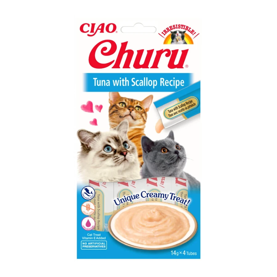 INABA CIAO Churu Pure, tonijn en sint-jakobsschelpen, graanvrije vloeibare kattensnoepjes, romige topping, 14g x 4