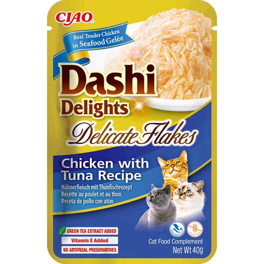 INABA Churu Dashi Delights Delicate Flakes, Poulet et Thon, sachet de nourriture humide, sans céréales, chats, (garniture), 40g