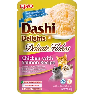 INABA Churu Dashi Delights Delicate Flakes, Pollo y Salmón, comida húmeda para gatos sin cereales, (topping), 40g