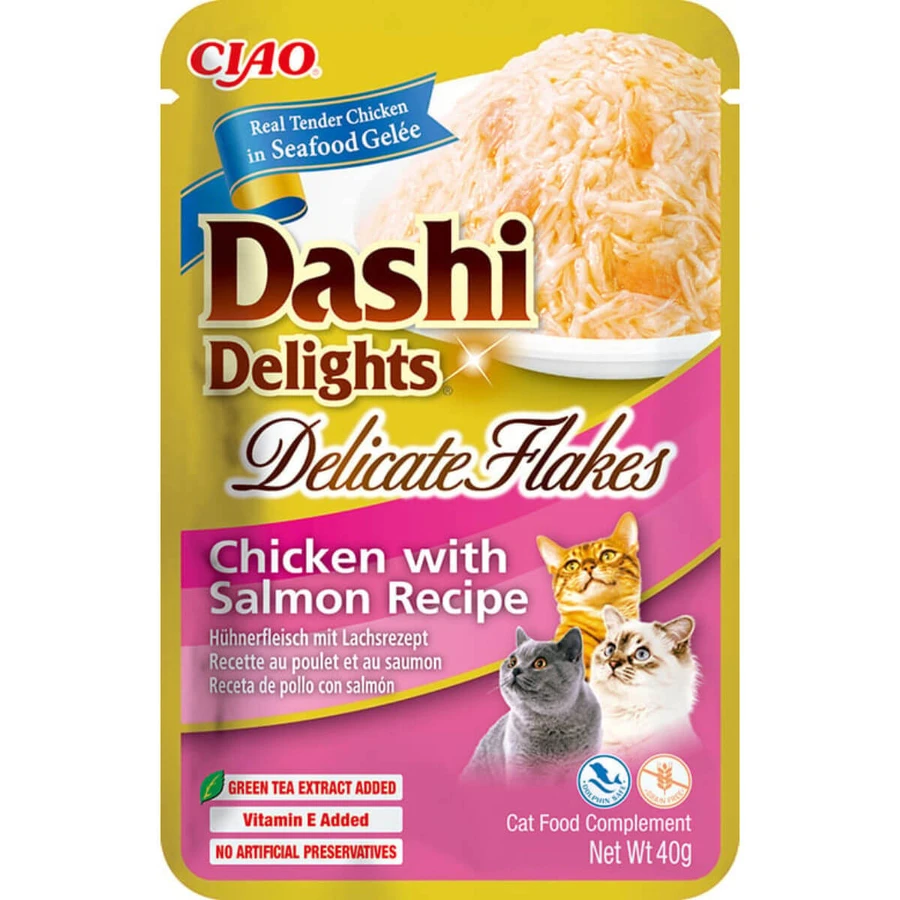 INABA Churu Dashi Delights Delicate Flakes, Pollo y Salmón, comida húmeda para gatos sin cereales, (topping), 40g