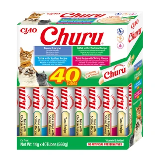 INABA Churu Churu Variedades Cremosas, Atún y Marisco, caja de recompensa para gatos sin cereales, (puré), 560g
