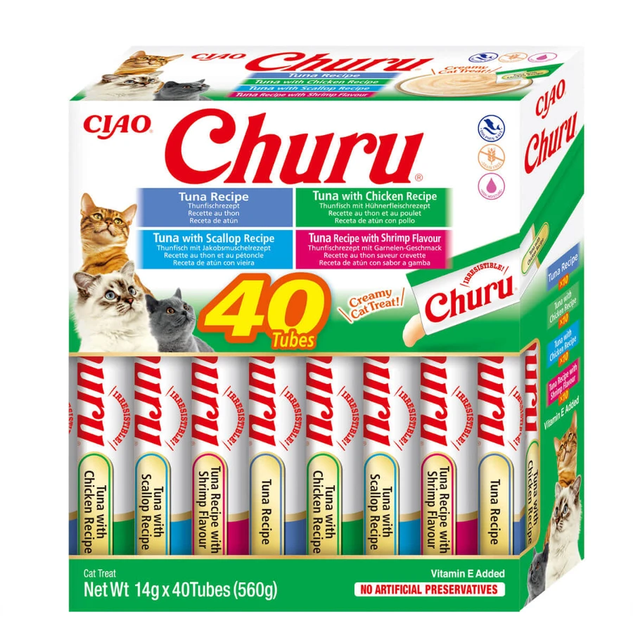 INABA Churu Churu Variedades Cremosas, Atún y Marisco, caja de recompensa para gatos sin cereales, (puré), 560g