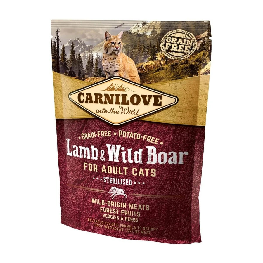 CARNILOVE Sterilized, Lamb and Boar, nourriture sèche sans céréales pour chats stérilisés, 400g