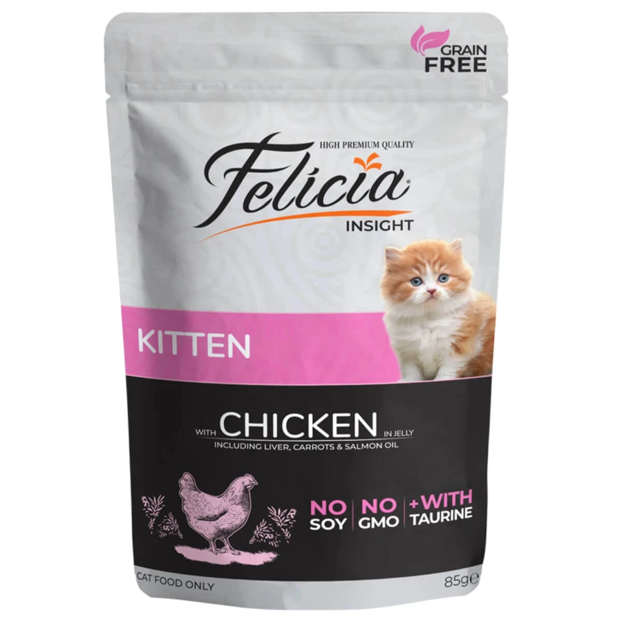 FELICIA Kitten, Poulet et Foie, sachet de nourriture humide sans céréales pour chats juniors, (en aspic), 85g