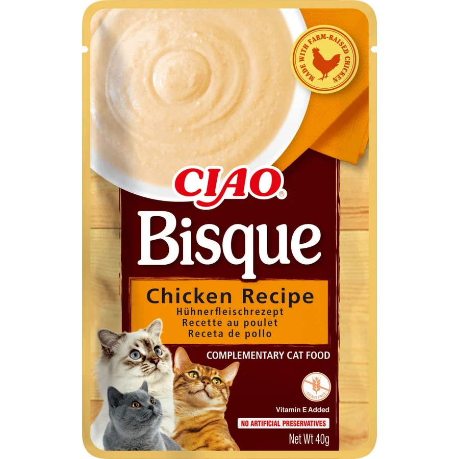 INABA Ciao Bisque, Pollo, sobre de comida húmeda para gatos sin cereales, (puré), 40g