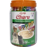 INABA CIAO Churu Churu Puré, Atún y Pollo, 5 sabores, envase mixto, recompensa líquida comida para gatos sin cereales, cobertura cremosa, 14g x 50