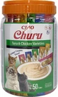 INABA CIAO Churu Churu Puré, Atún y Pollo, 5 sabores, envase mixto, recompensa líquida comida para gatos sin cereales, cobertura cremosa, 14g x 50