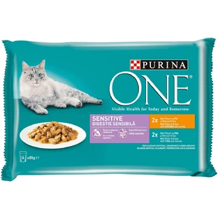 PURINA One Sensitive, Chicken/Tuna, mixed packet sachet wet cat food, digestive sensitivities, (in sauce), 85g x 4