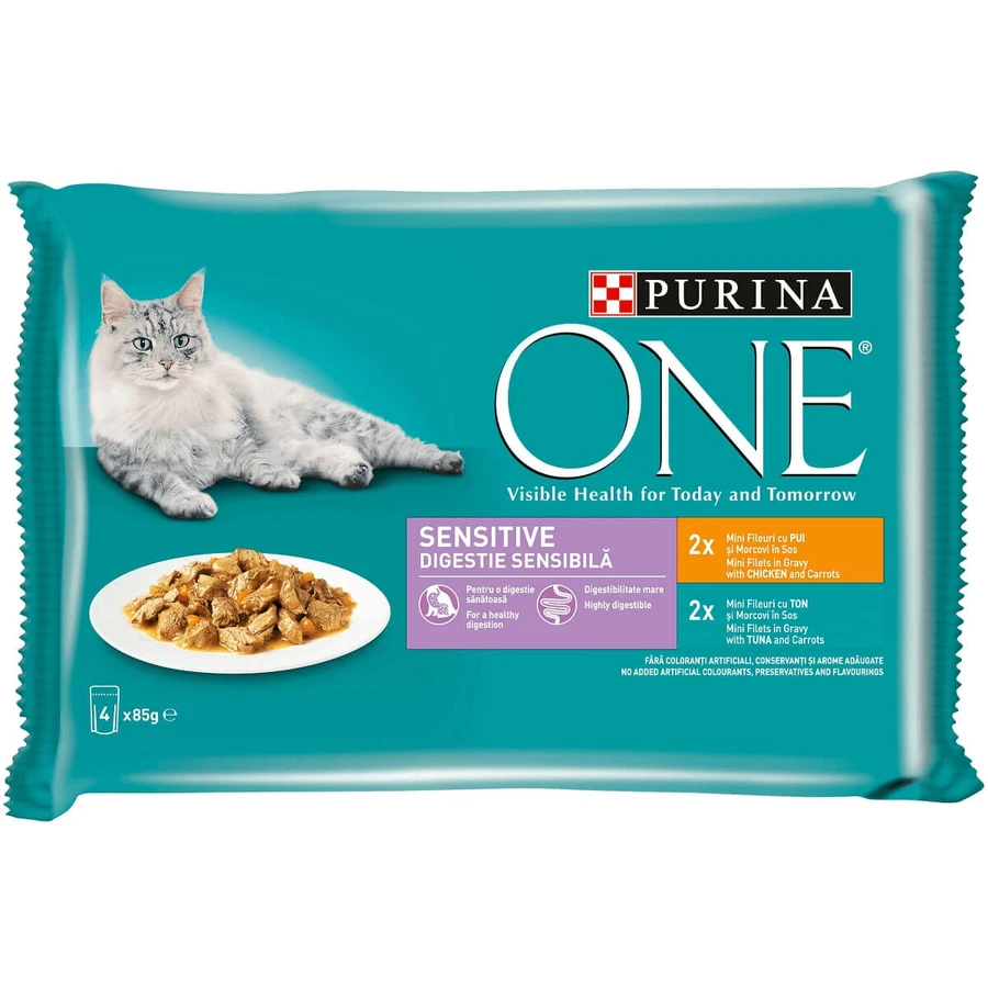 PURINA One Sensitive, Chicken/Tuna, mixed packet sachet wet cat food, digestive sensitivities, (in sauce), 85g x 4