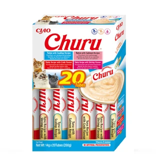 INABA Churu Varieties, Thunfisch und Meeresfrüchte, Dose, getreidefreie Belohnungsröhre, Katzen, (Püree), 280g