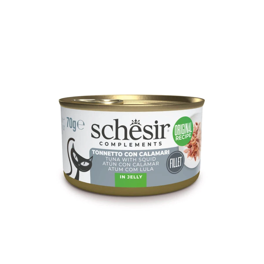 SCHESIR Complément en gelée, thon et calmar, nourriture humide en conserve pour chats, (en aspic), 70g