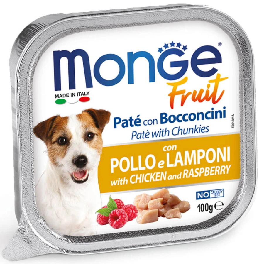 MONGE Fruit, XS-XL, Pollo y Frambuesa, comida húmeda para perros sin cereales, (en su propio jugo), 100g