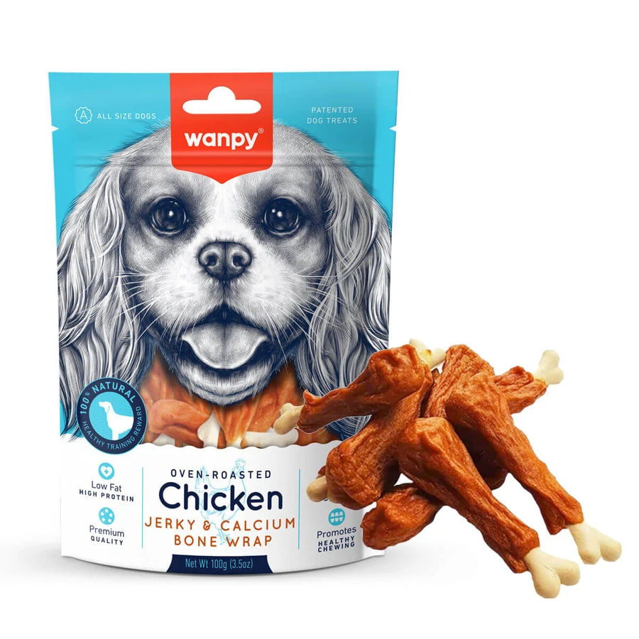 WANPY Jerky and Calcium Bone Wrap, XS-M, Huhn, Belohnungsbeutel Hunde, 100g