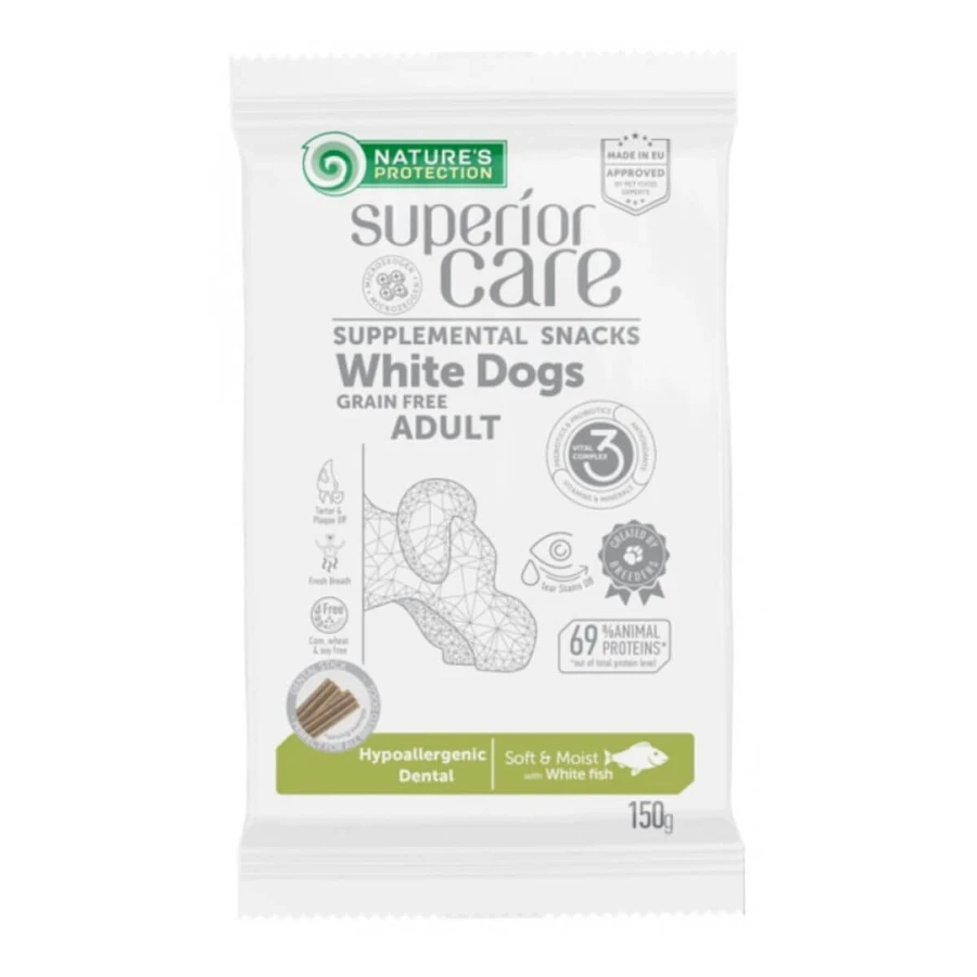 NATURES PROTECTION Superior Care Superior Care Pelaje Blanco, Pescado Blanco, sin cereales recompensas funcionales perros, pelaje blanco, higiene bucal, 150g
