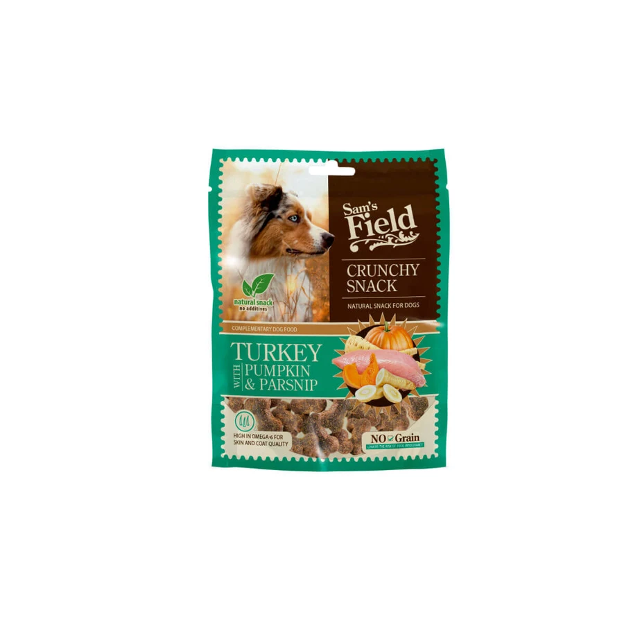 SAM'S FIELD Crunchy Snack, XS-XL, Turkey and pumpkin, grain-free reward pouch for dogs, 200g