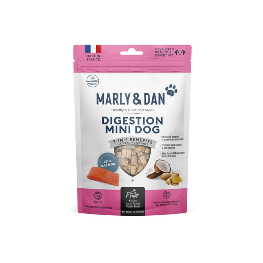 MARLY&DAN Digestion Mini Dog, XS-S, Zalm, functionele graanvrije beloningszakjes voor honden, spijsverteringsstelsel, 50g