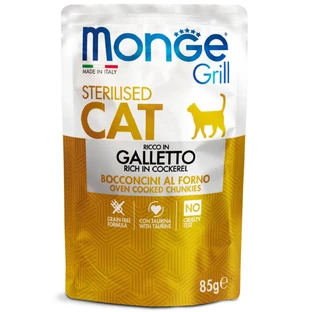 MONGE Grill Sterilized, Coco, sobre de comida húmeda sin cereales para gatos esterilizados, obesidad, (en aspic), 85g