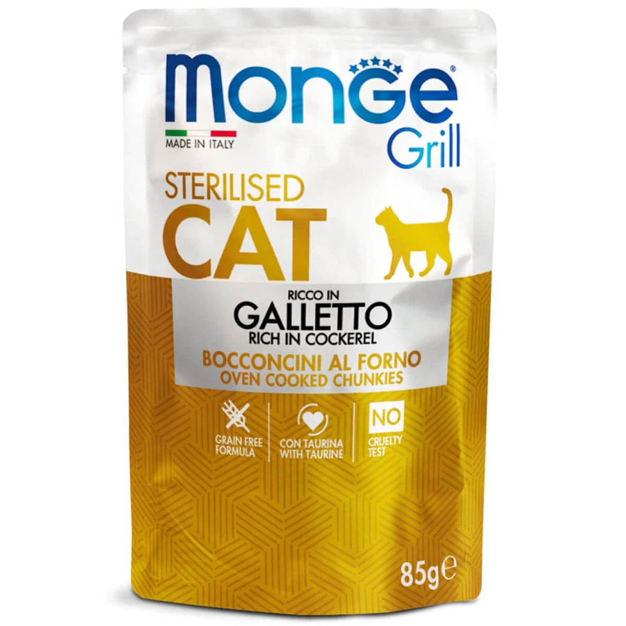 MONGE Grill Sterilized, Coco, sobre de comida húmeda sin cereales para gatos esterilizados, obesidad, (en aspic), 85g