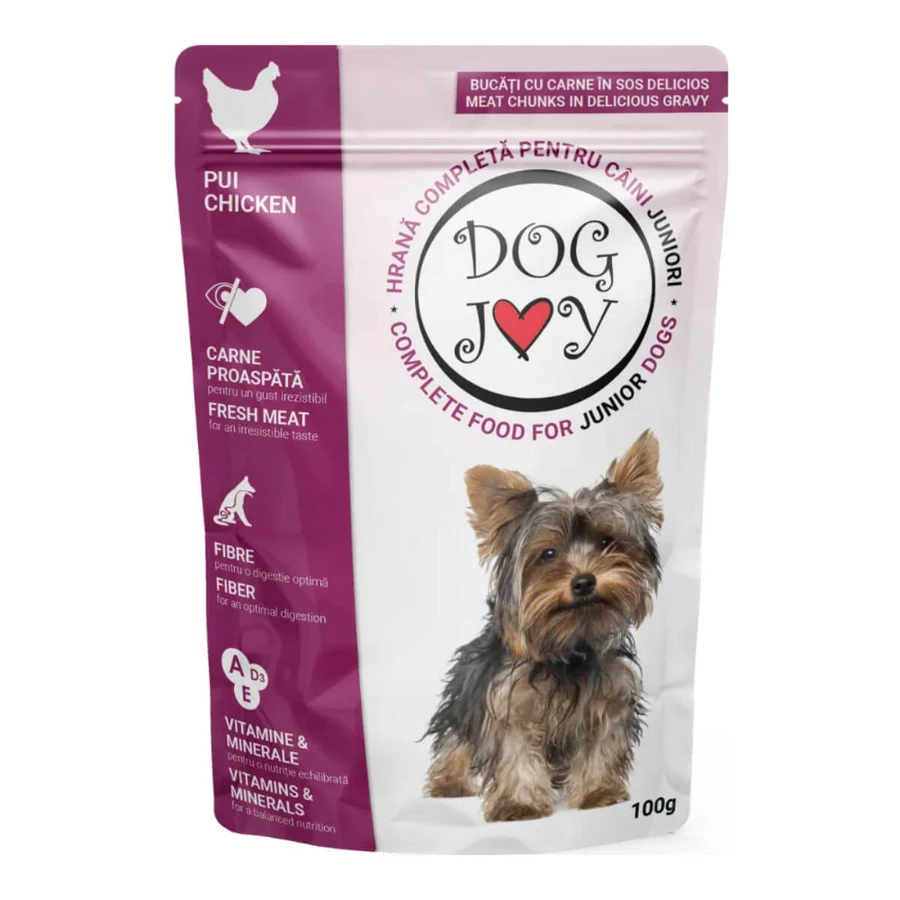 DOG JOY Junior, XS-S, Kip, zakje natvoer voor jonge honden, (in saus), 100g