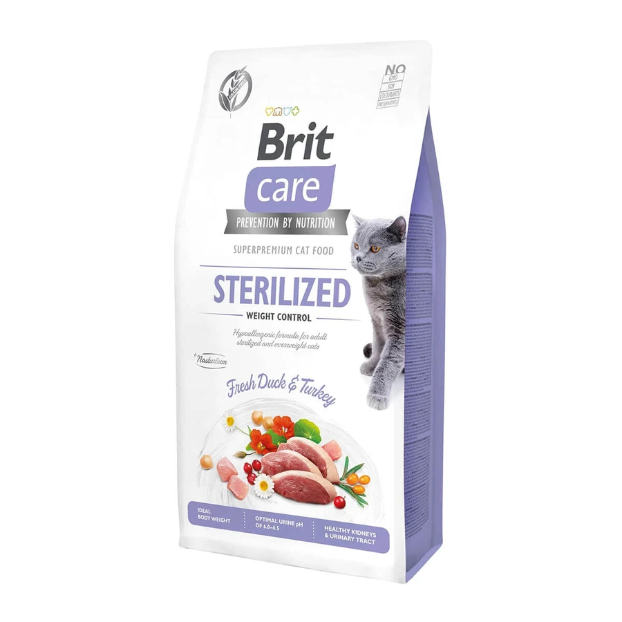 BRIT Care Sterilized Weight Control, Ente und Pute, Trockenfutter ohne Getreide für sterilisierte Katzen, Gewichtskontrolle, 400g