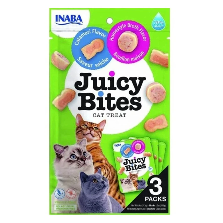 INABA Juicy Bites Homestyle Broth & Calamari Flavor, Calamari, Portionsbeutel getreidefreies Katzenfutter, 33,9g