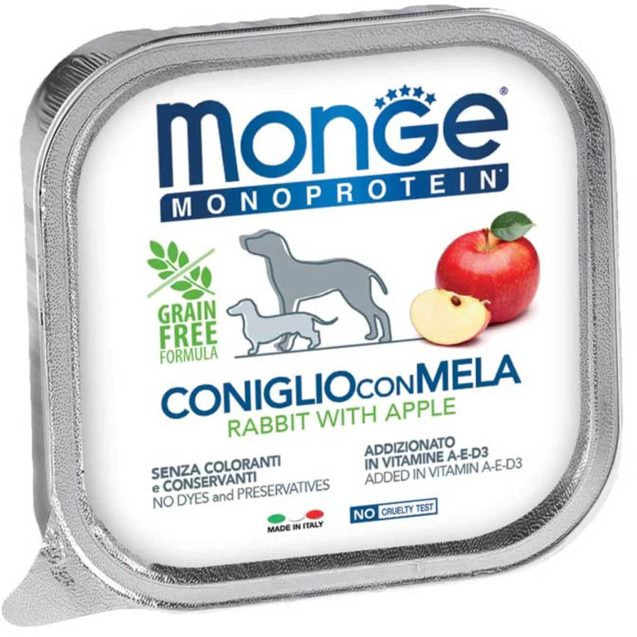 MONGE Monoprotein, XS-XL, lapin et pomme, nourriture humide mono-protéine sans grain pour chiens, (pâté), 150g