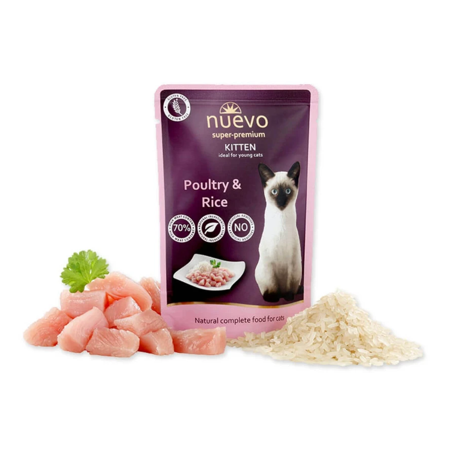 NUEVO, Pollo y Arroz, comida húmeda en sobres para gatos junior, (paté), 85g