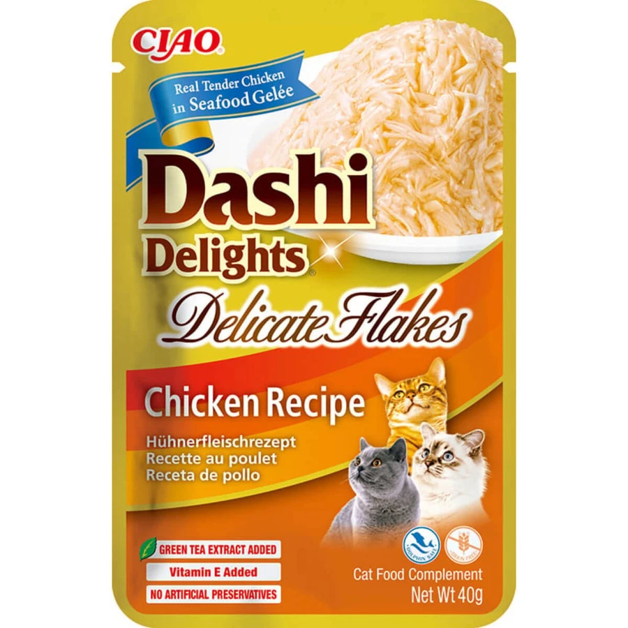 INABA Churu Dashi Delights Delicate Flakes, Chicken, sachet de nourriture humide sans grain pour chats, (garniture), 40g