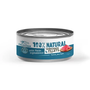 FRESH FARM Filets déchiquetés, thon et saumon, nourriture humide en conserve sans céréales pour chats, (en sauce), 70g