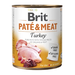 BRIT Pate & Meat, Pavo, comida húmeda en lata sin cereales para perros, (paté con trozos de carne), 800g