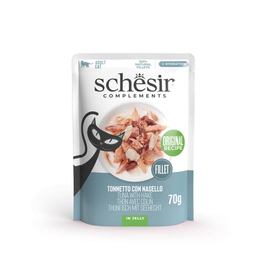 SCHESIR Ergänzungsfuttermittel in Gelee, Huhn und Seehecht, Beutel Katzenfutter, (in Aspik), 70g