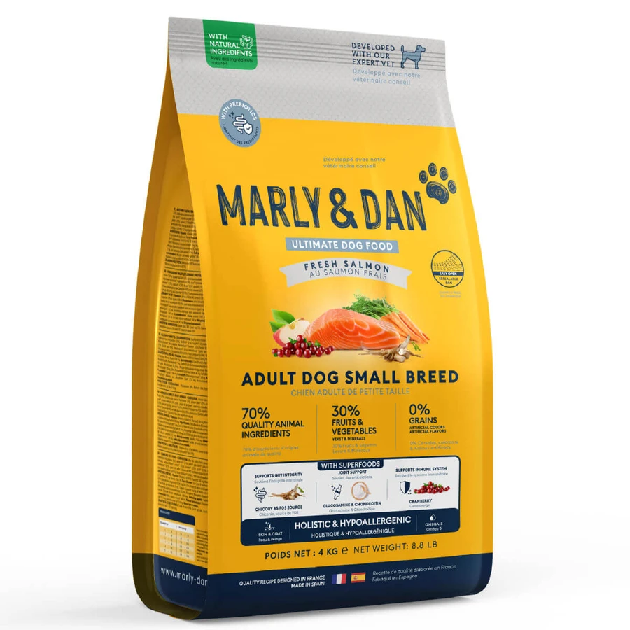 MARLY&DAN Adult Small Breed, XS-S, Zalm, graanvrij droogvoer voor honden, 4kg
