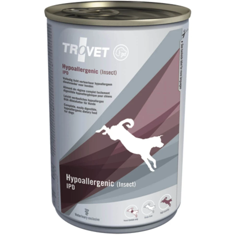 TROVET Hypoallergenic IPD, XS-XL, Insecten, veterinair dieet, natvoer met enkelvoudig eiwit in blik, graanvrij, allergie, honden, (pate), 400g