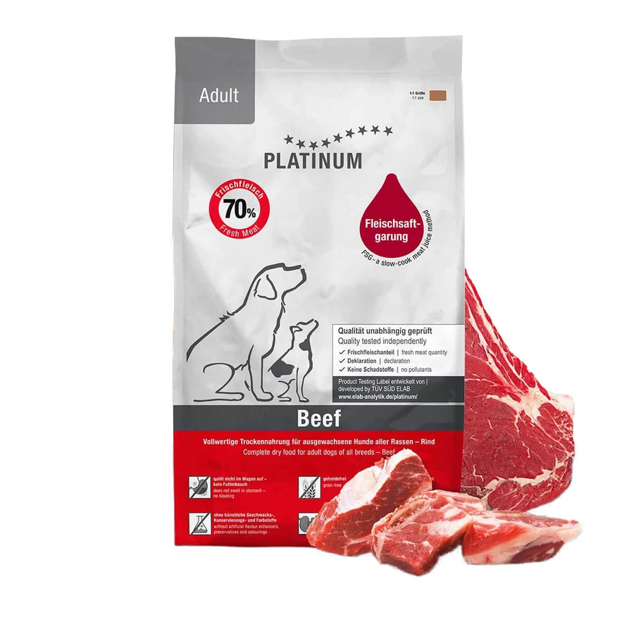 PLATINUM Adult, XS-XL, Rundvlees, graanvrij droogvoer voor honden, semimoist, 5kg