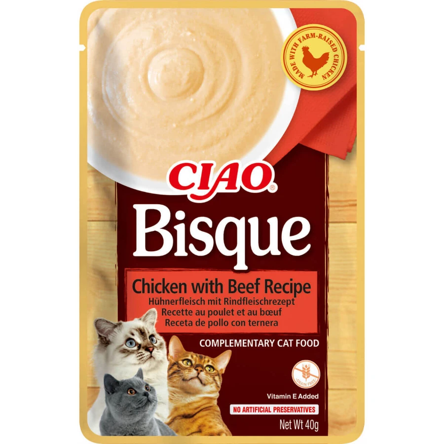 INABA Ciao Bisque, Pollo y Carne, comida para gatos sin cereales, (puré), 40g