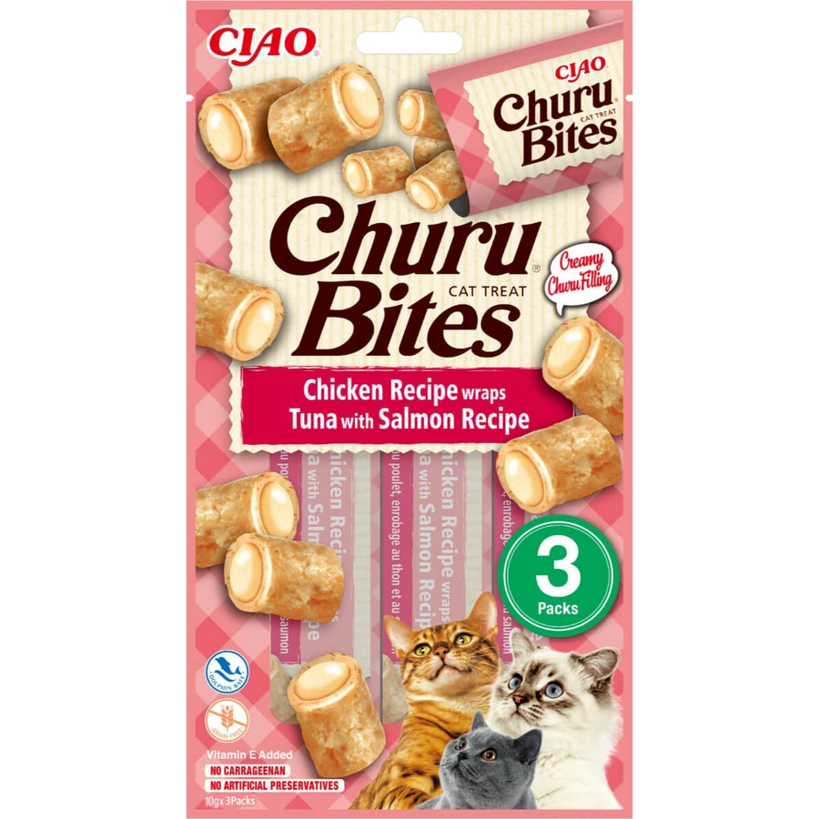 INABA Churu Bites, Chicken, Tuna and Salmon, pouch, sachet, sachet rewards cereal-free, cats, semi-mimic, 30g