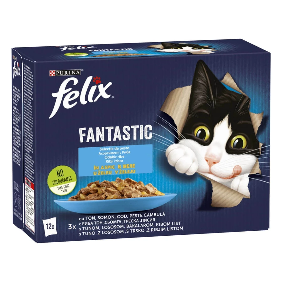 PURINA Felix Fantastic, 4 sabores (Atún, Salmón, Bacalao, Bacalao Cambula), envase mixto, bolsita comida húmeda para gatos, (en aspic), 85g x 12