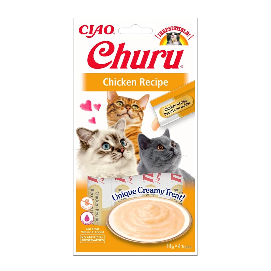INABA CIAO Churu Churu Purée, Poulet, friandises liquides sans céréales pour chats, garniture crémeuse, 14g x 4 x 4