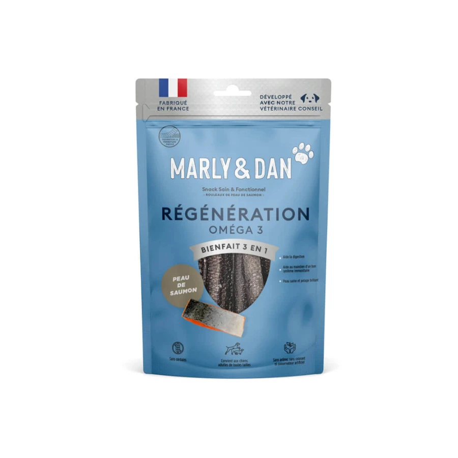 MARLY&DAN Regeneration Omega3 Salmon Skin, XS-XL, Lachs, funktionelles Einzelprotein getreidefrei funktioneller Belohnungsbeutel für Hunde, Haut & Fell, 60g